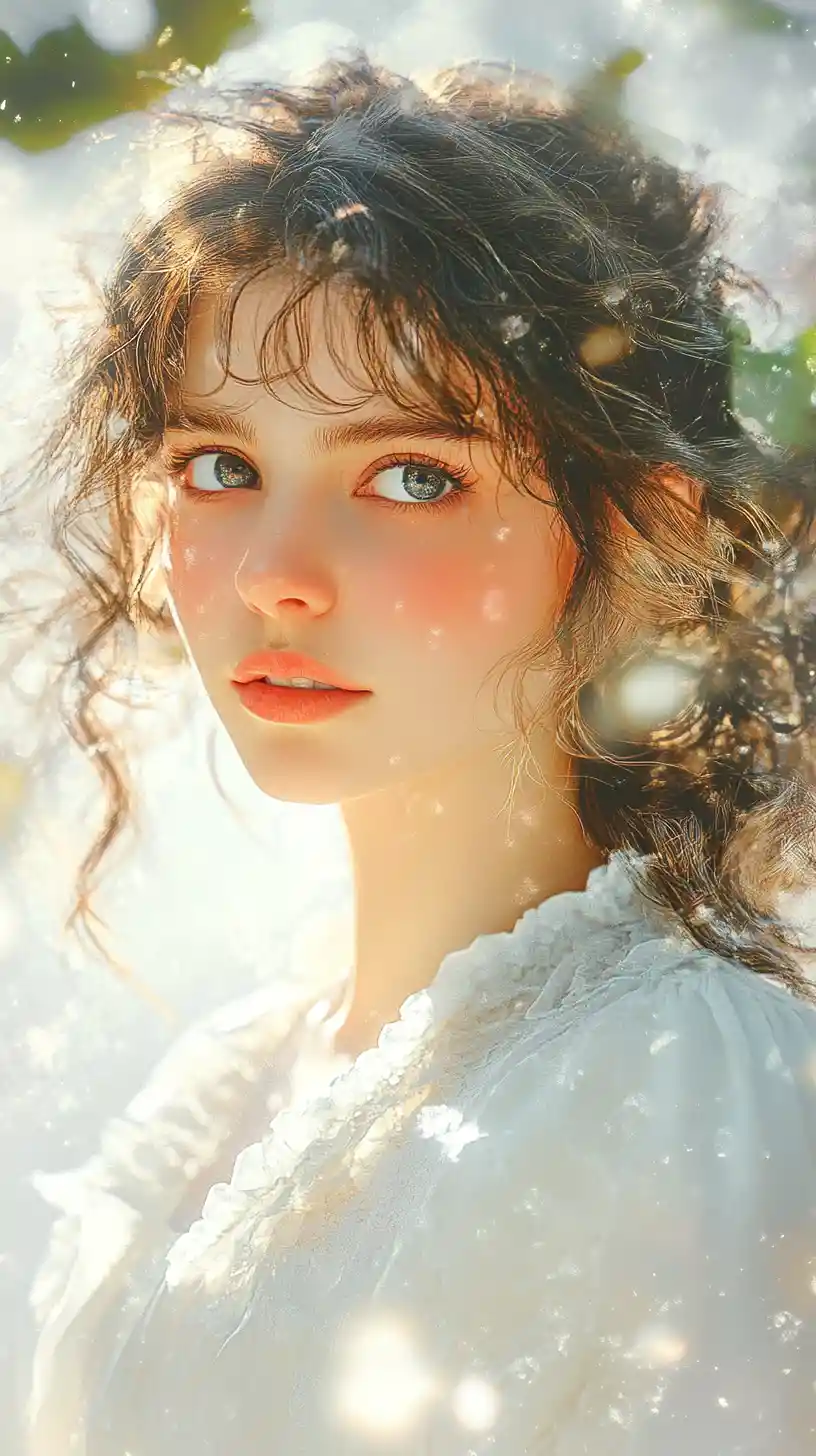 Ethereal young woman in flowing white with glowing hair