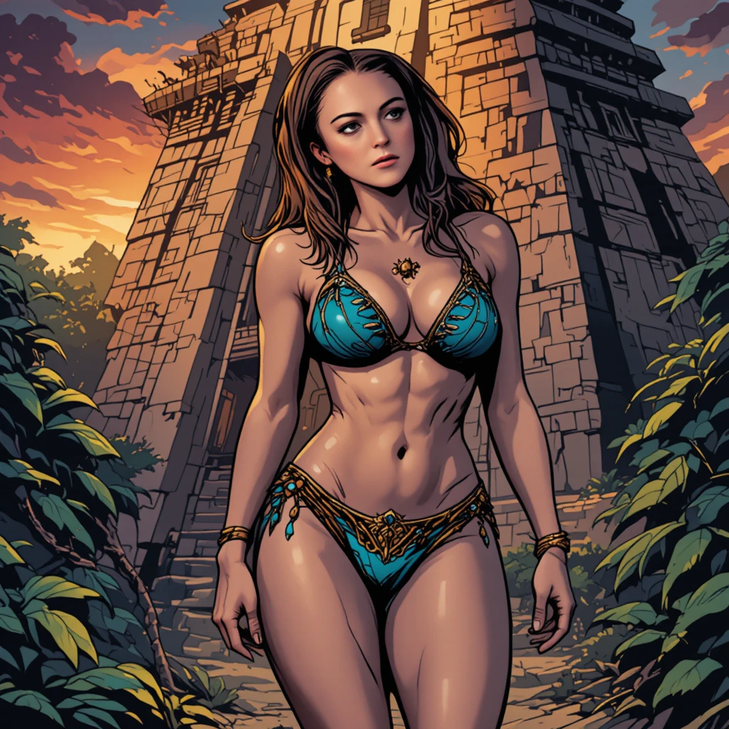 Glamorous warrior woman in bikini at ancient temple