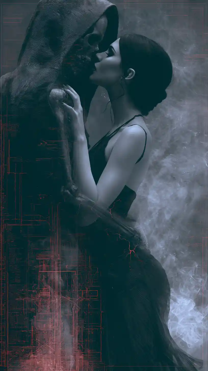 Devoted figure standing beside a loved one in fire