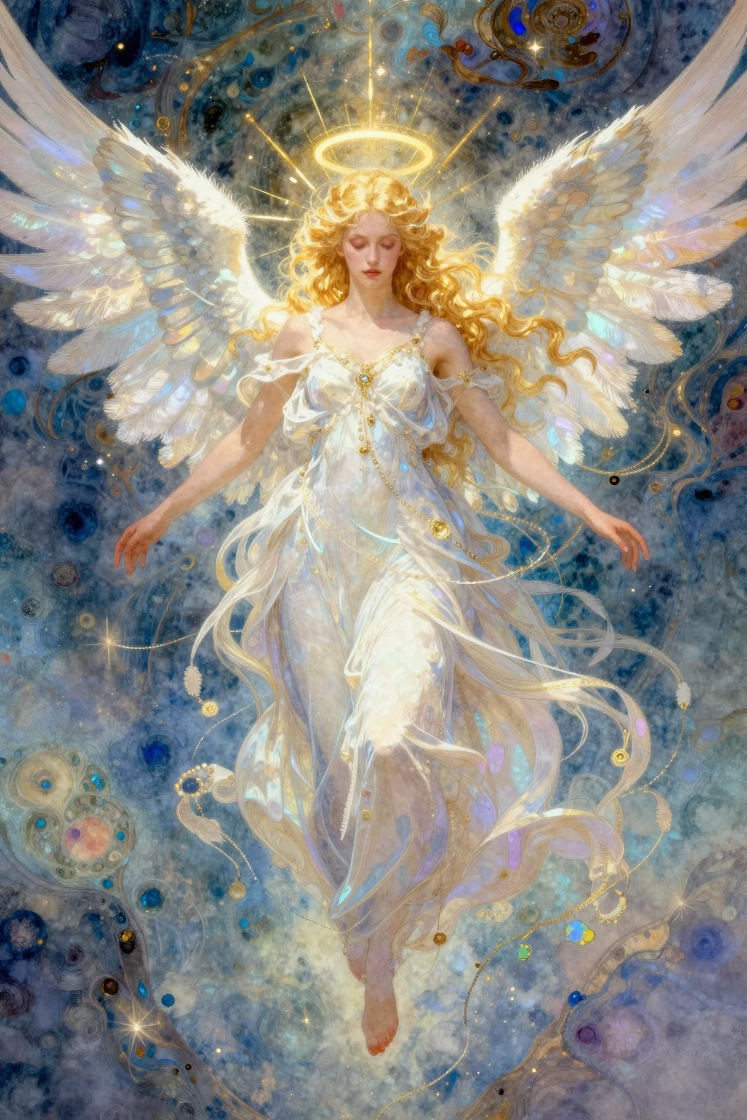 Q-Style Engelmädchen mit Heiligenschein im ätherischen Fantasy-Himmel