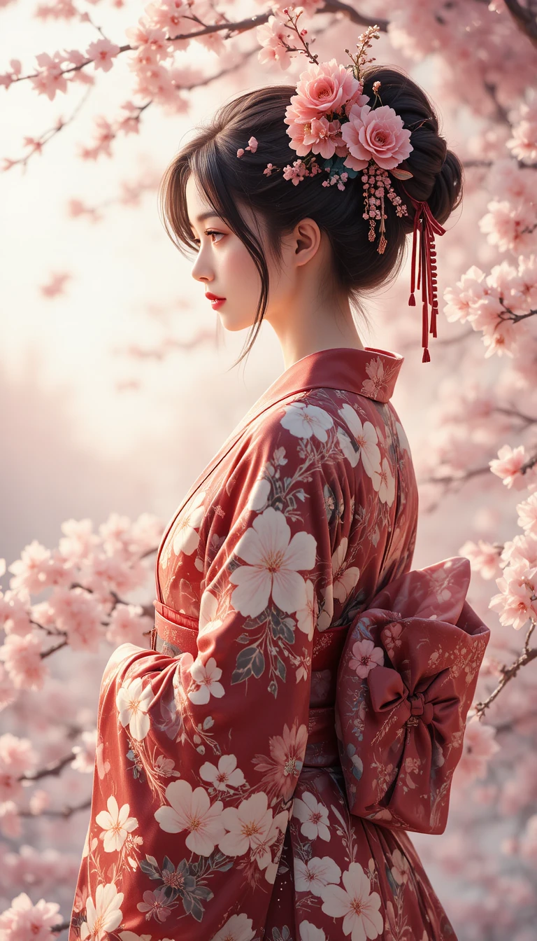 Elegant Japanese girl in kimono under drifting cherry blossoms