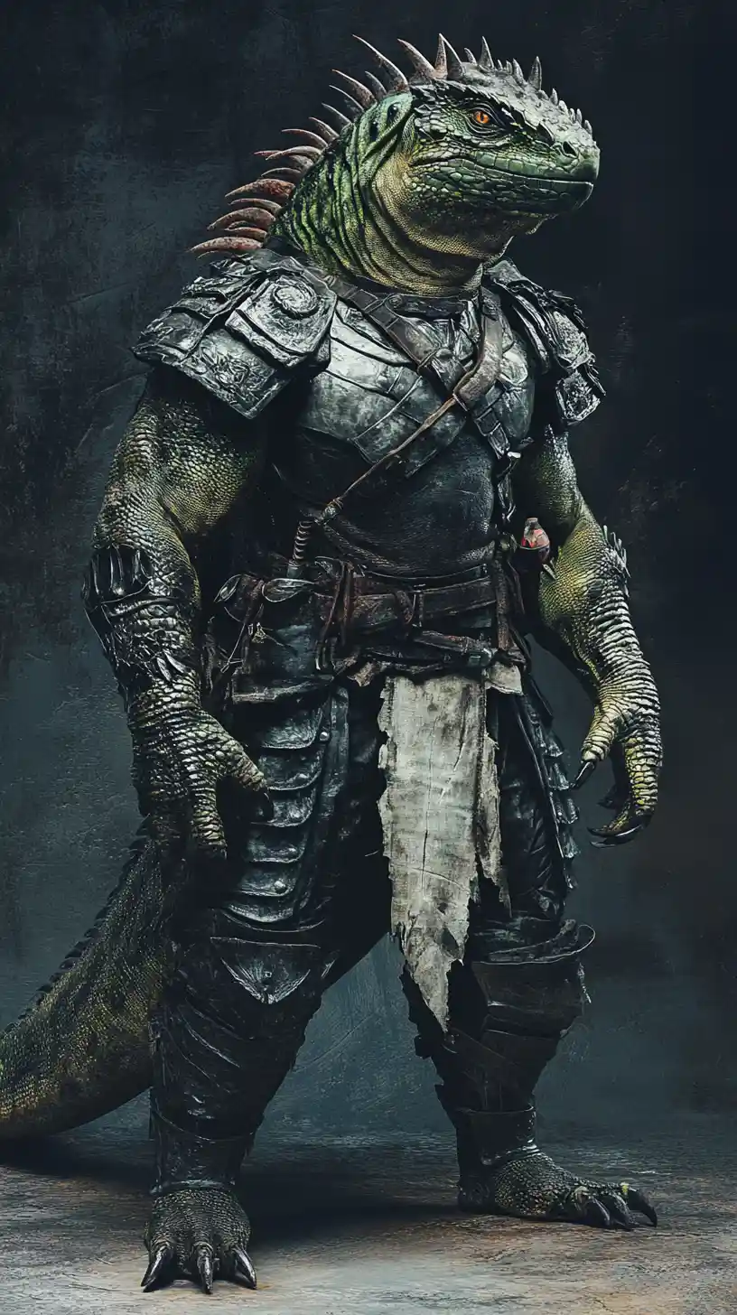 Iguana war god in ceremonial armor from a low angle