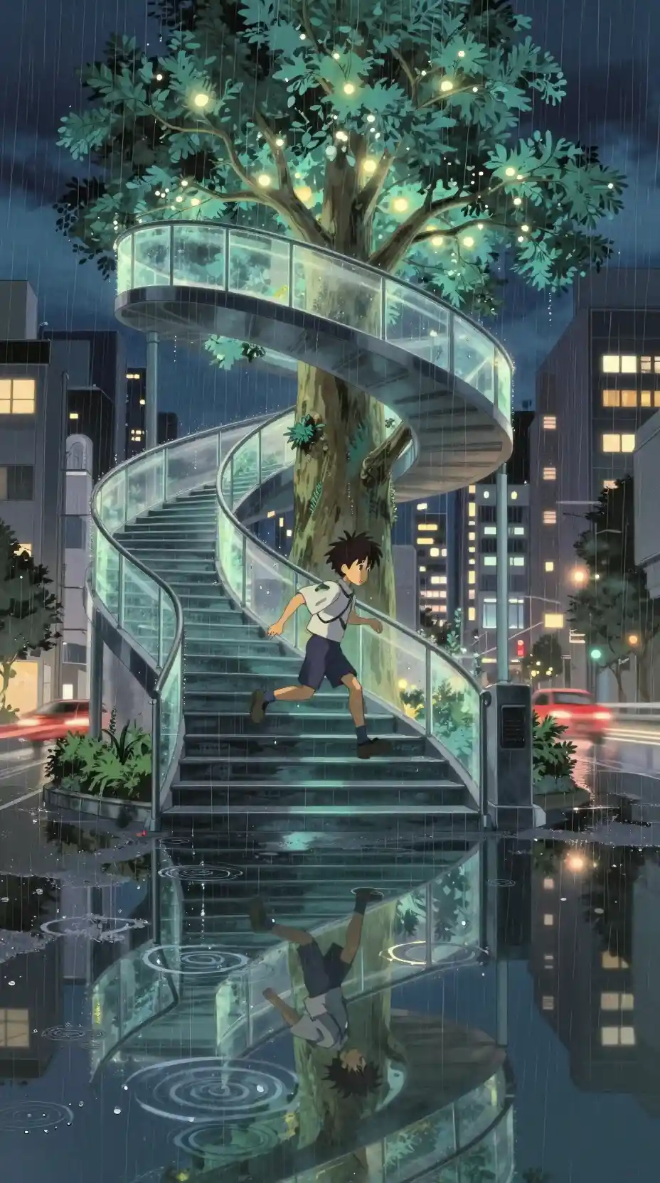 Anime boy running down a spiral staircase in rainy city