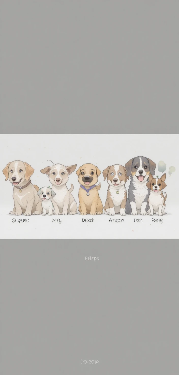 Cute cartoony lineup of twelve different dog breeds