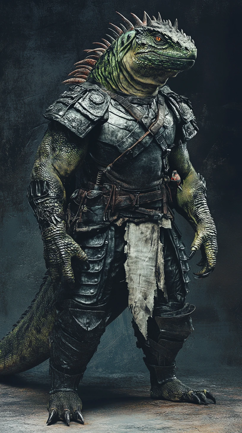 Iguana war god in ceremonial armor from a low angle