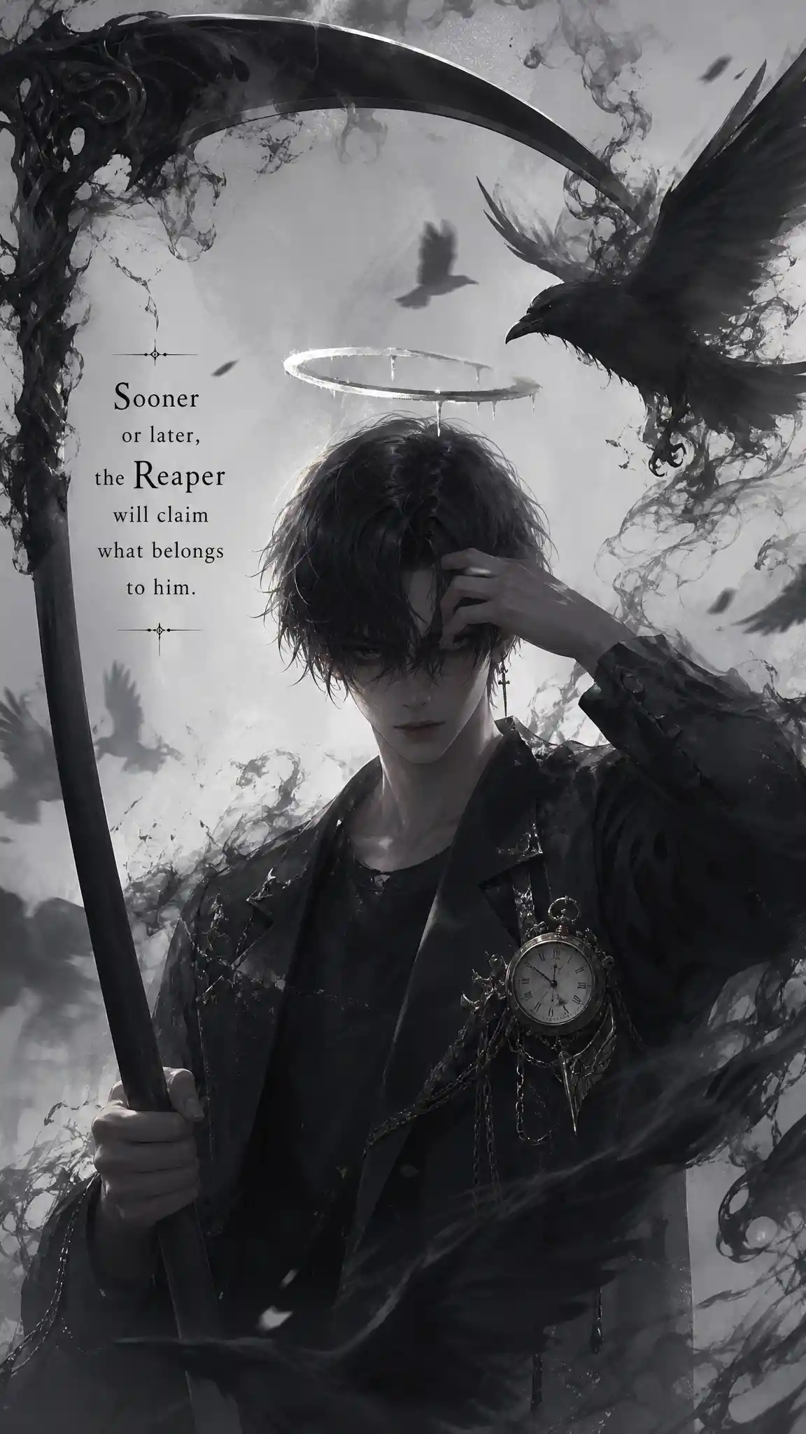 Young reaper with halo lifting his dark bangs