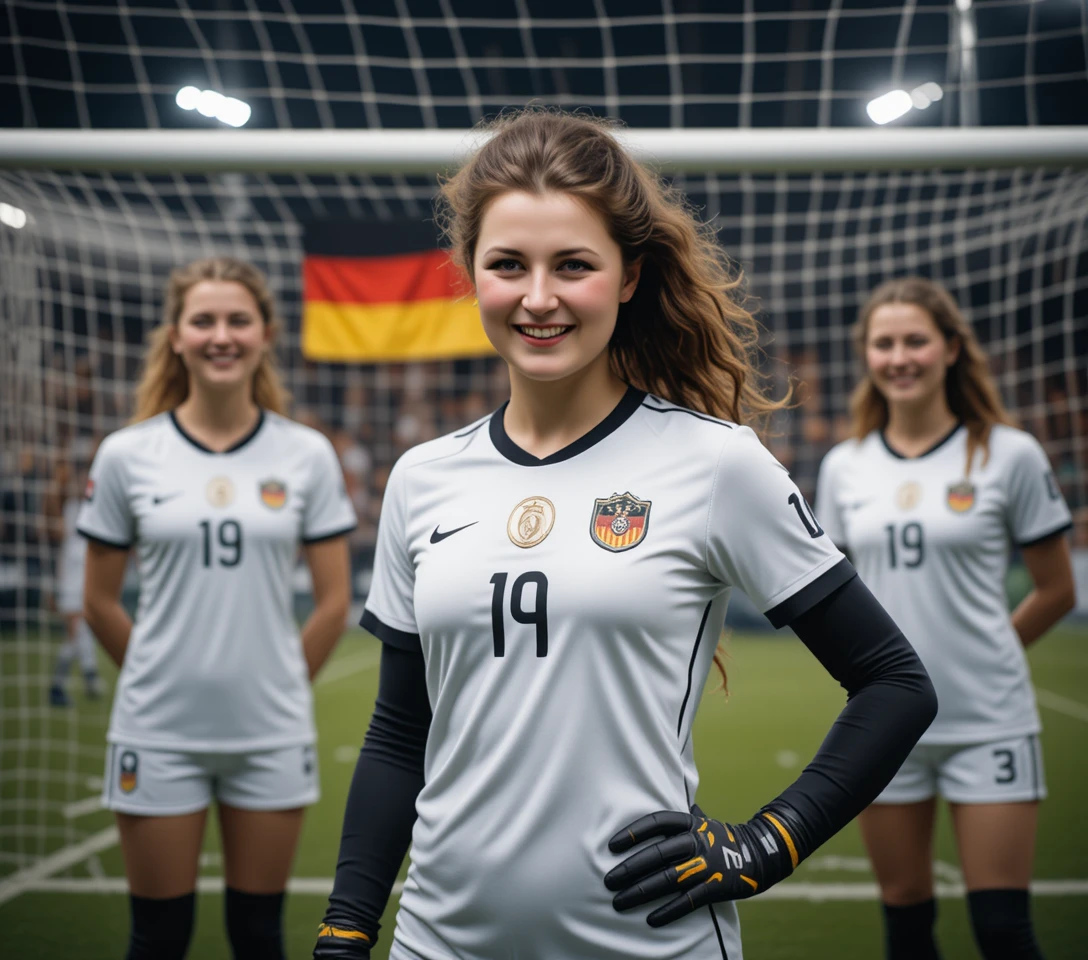 German soccer fan woman in close up under stadium spotlights