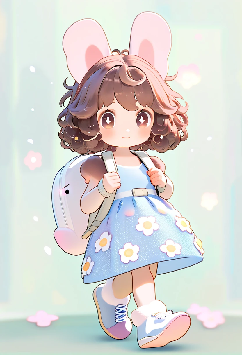 Cute 3D girl in blue dress walking with puppy