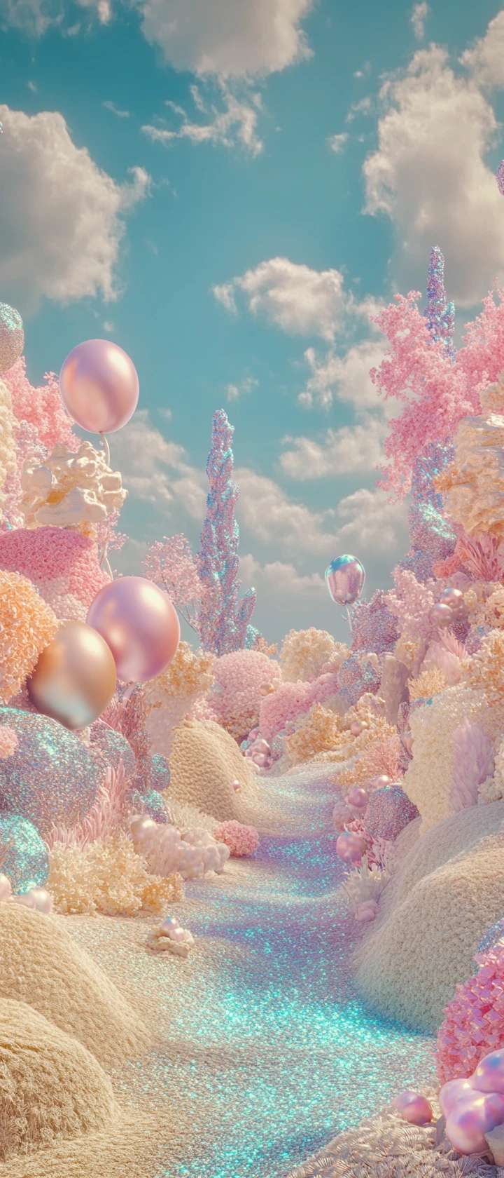 Surreale Pastelllandschaft mit fröhlich-verspielter Atmosphäre