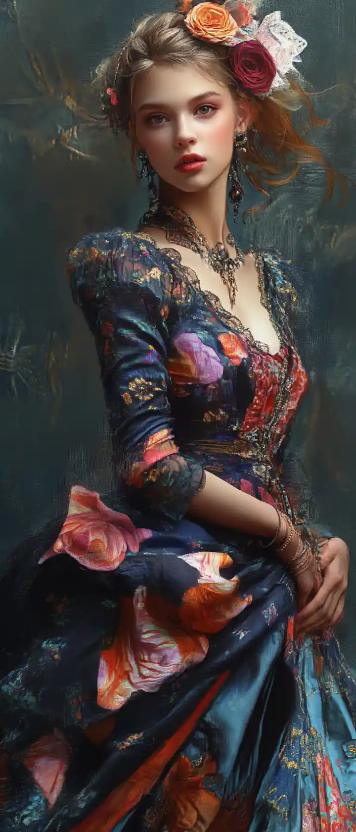 Verspieltes Mädchen im Pastellkleid in fantasievoller Traumlandschaft