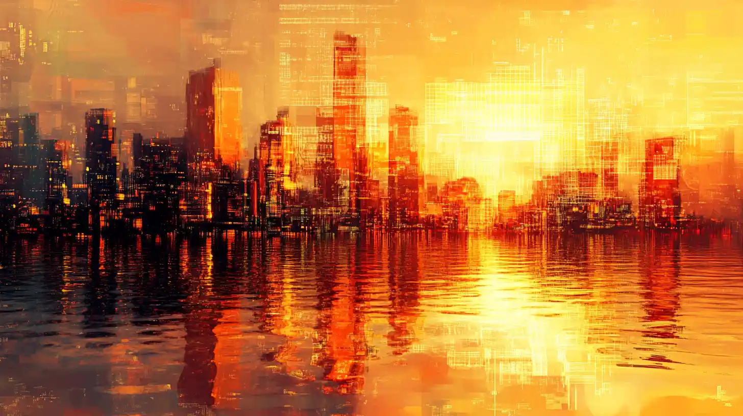 Surreal golden hour city melting into luminous liquid reflections