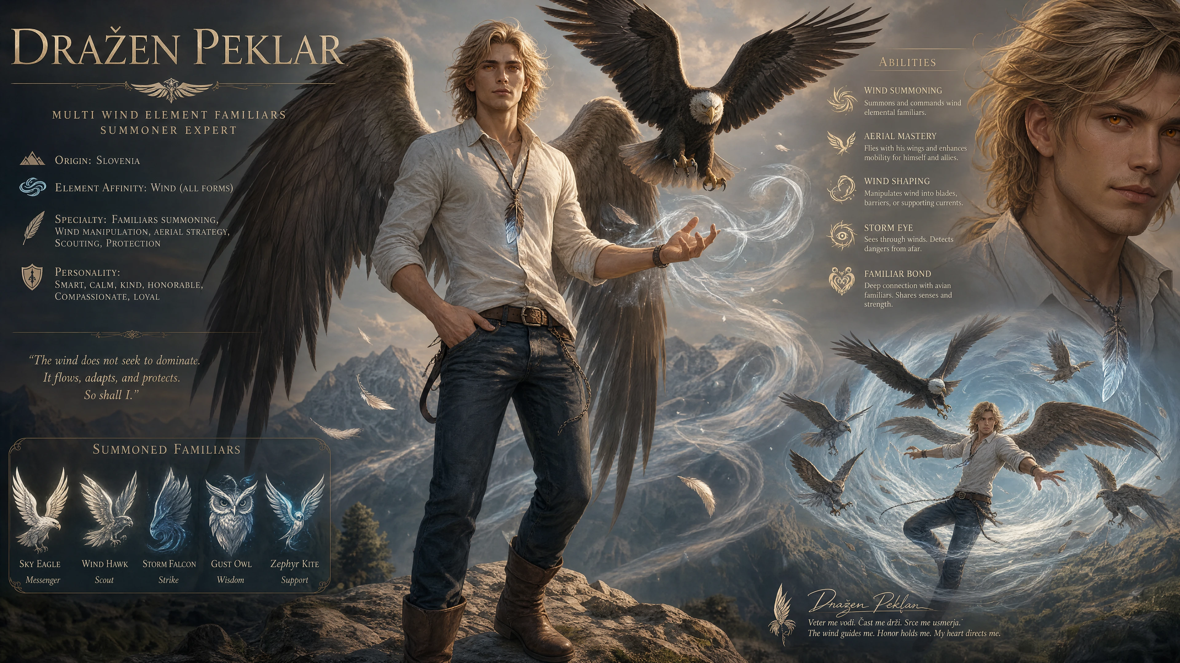 Blond winged summoner with eagle feather pendant