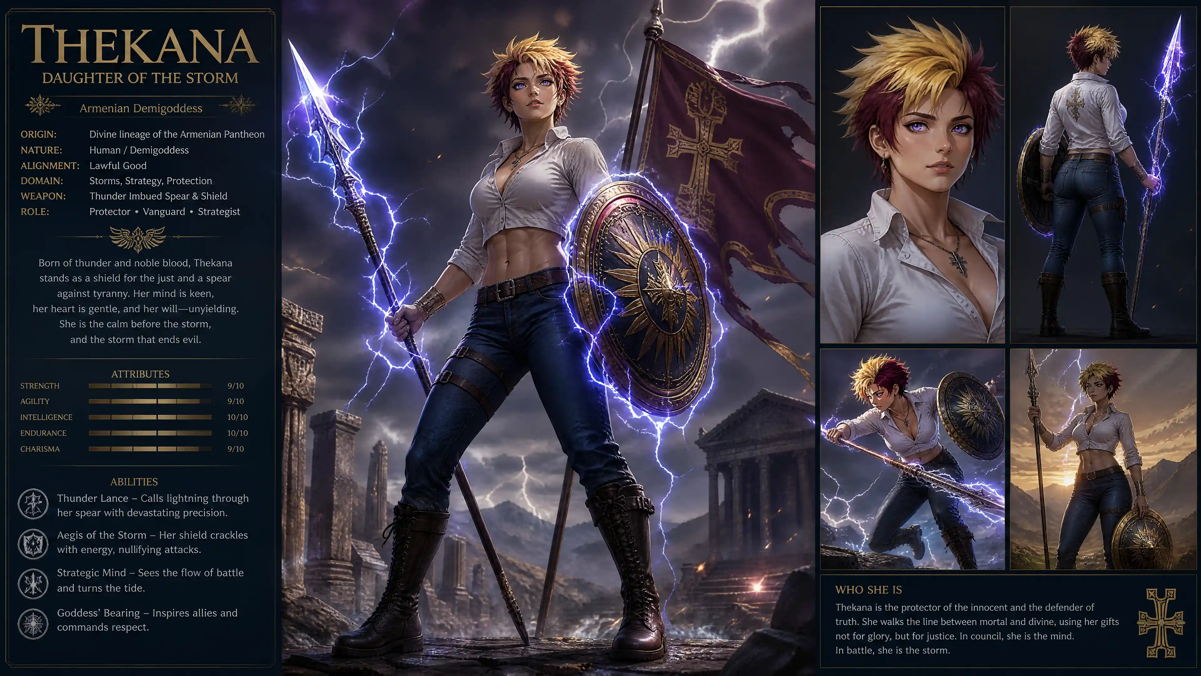 Brave fantasy woman with thunder spear and shield
