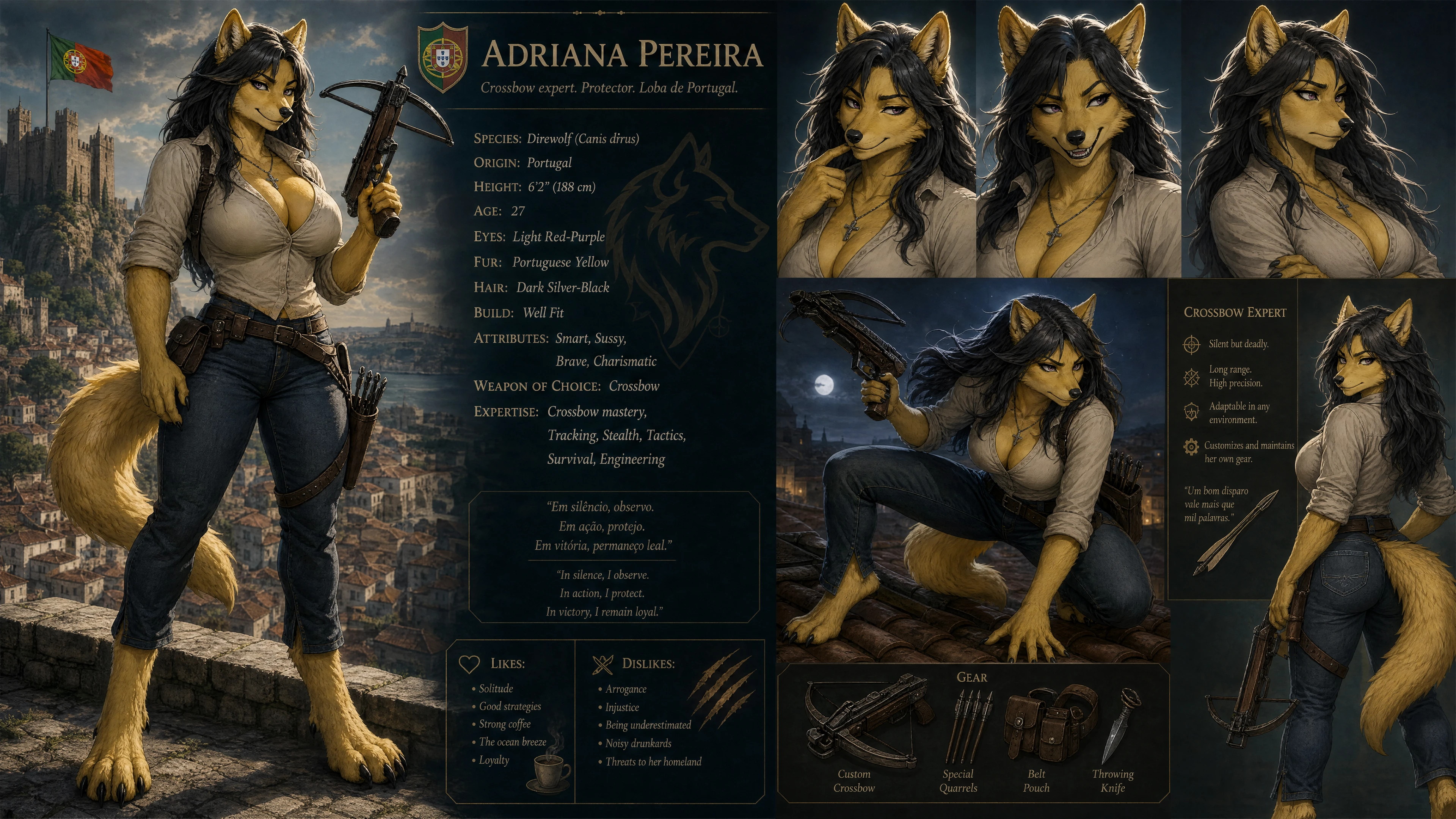 Anthro Portuguese direwolf woman with crossbow in casual outfit