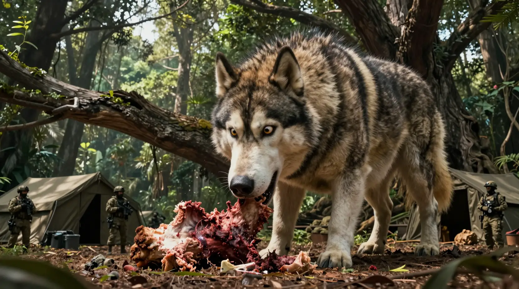 Giant prehistoric beast feeding in a forest clearing