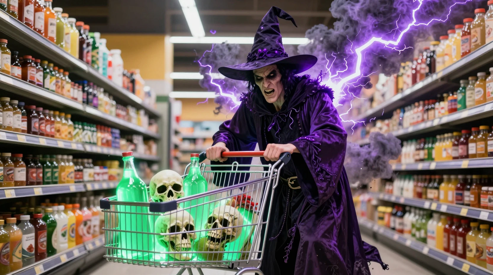 Dark wizard shopping for potions in a bright supermarket