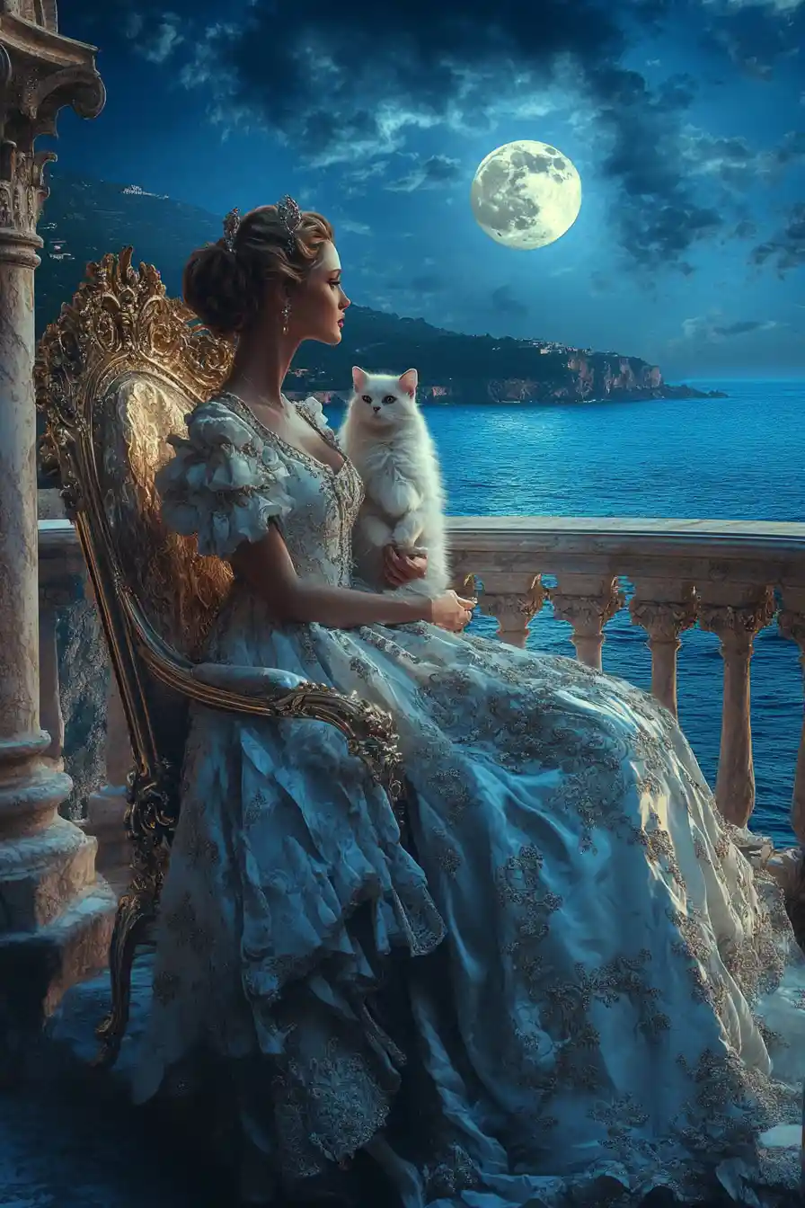 Elegant woman with cat on a Mediterranean villa balcony