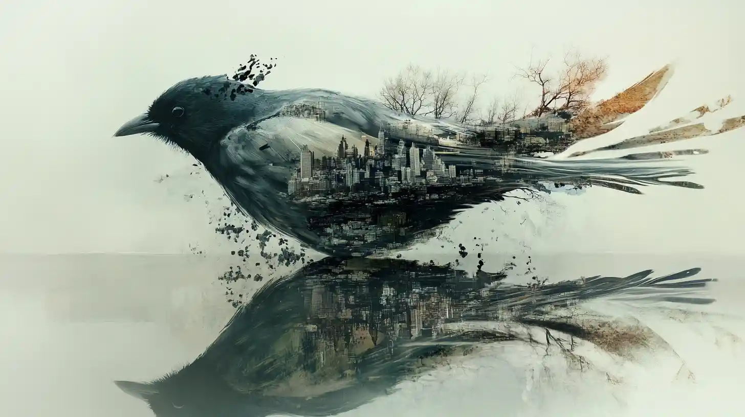 Surreal bird made of shifting translucent feather landscapes