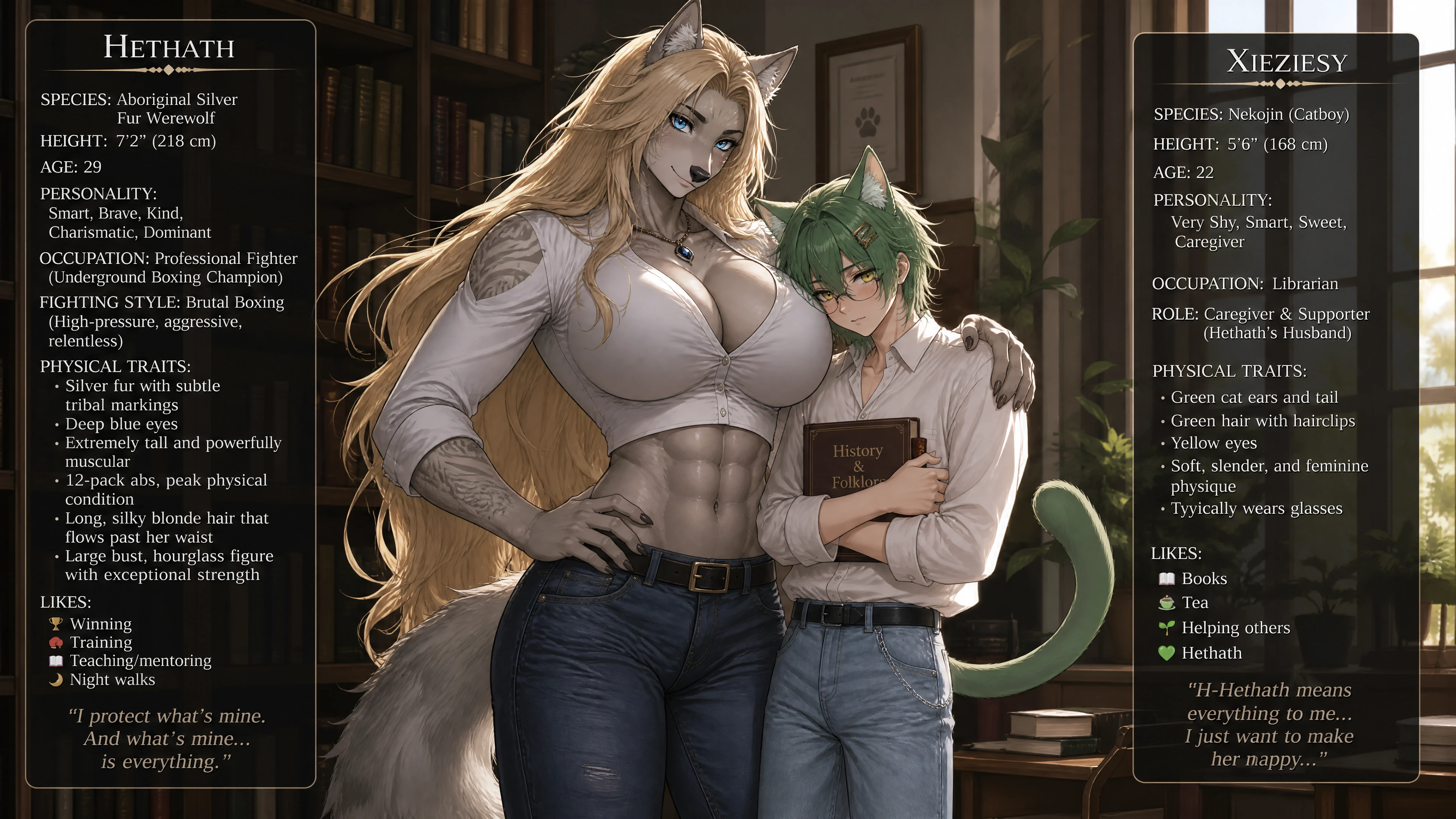 Tall silver werewolf woman in casual clothes with boxing build