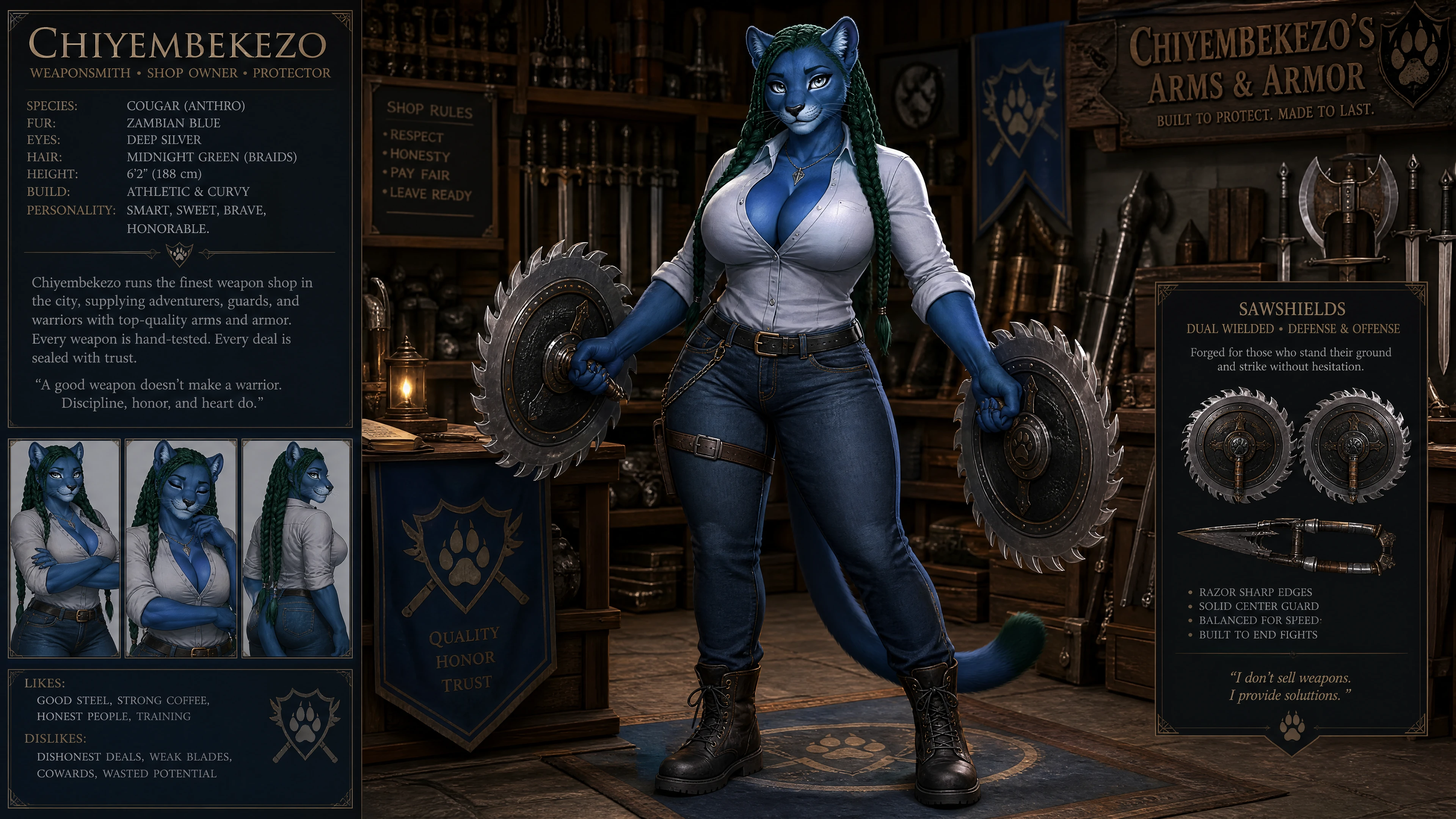 Anthro blue cougar woman with sawshield weapons in shop