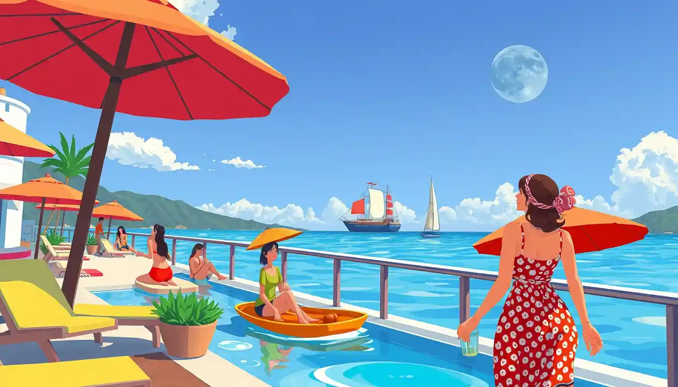 Colorful neon cruise vacation in playful pixar style