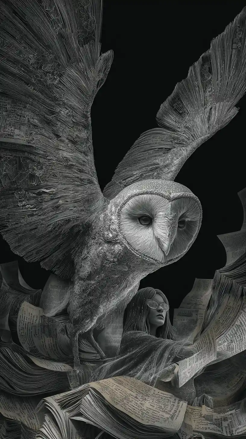 Surreal owl of pages hovering above a lone watcher