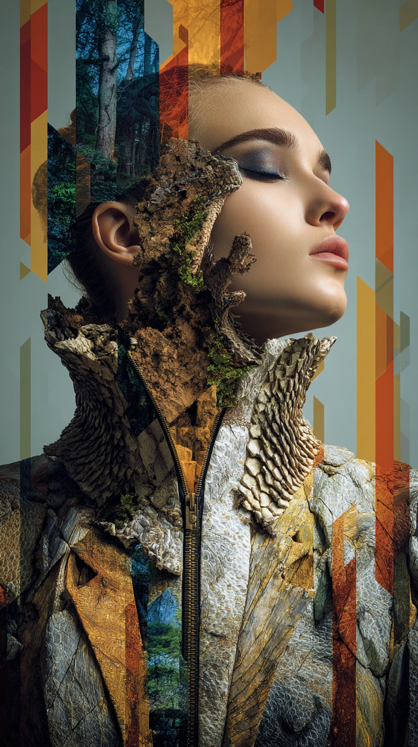 Surreal fashion portrait of a woman unzipping into forest