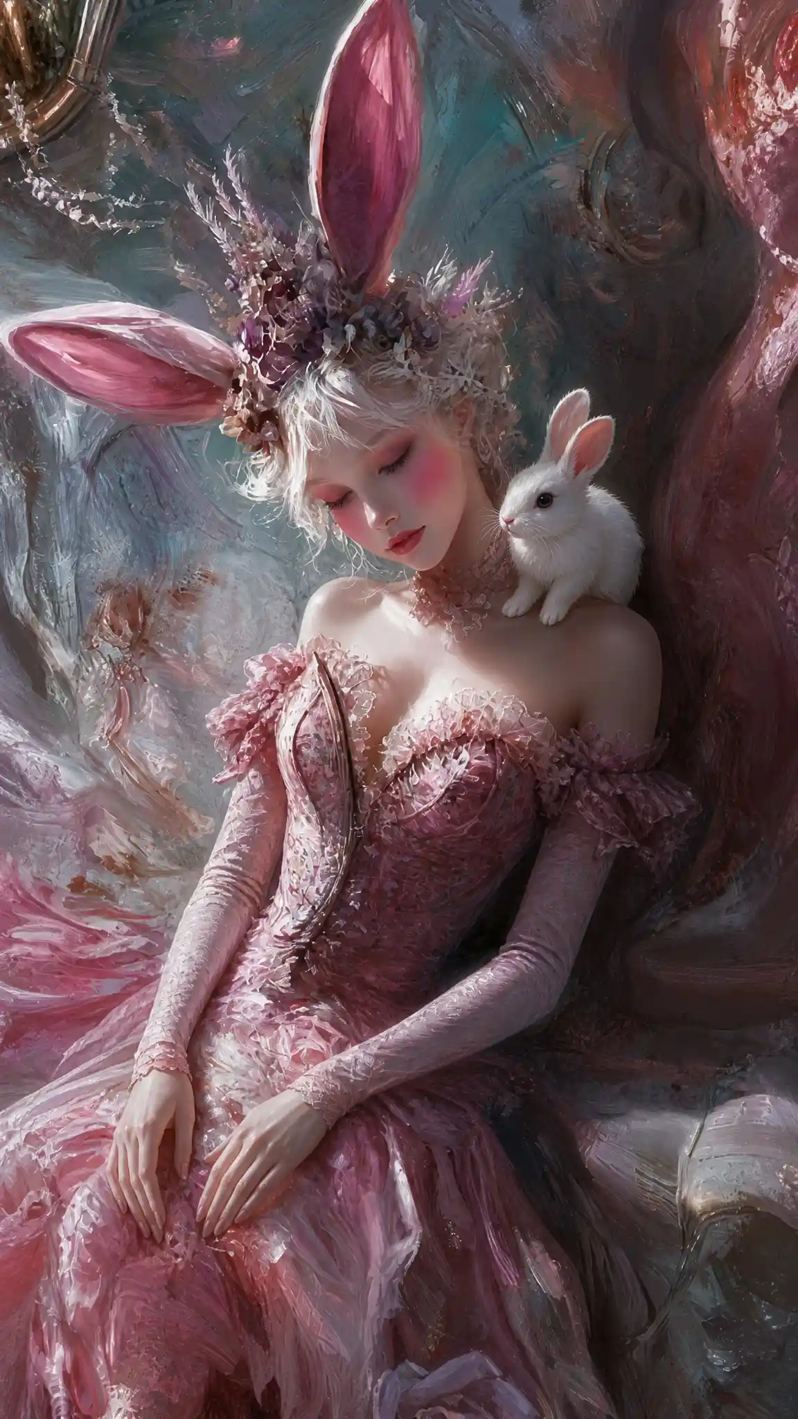 Girl with a tiny white rabbit resting on her shoulder