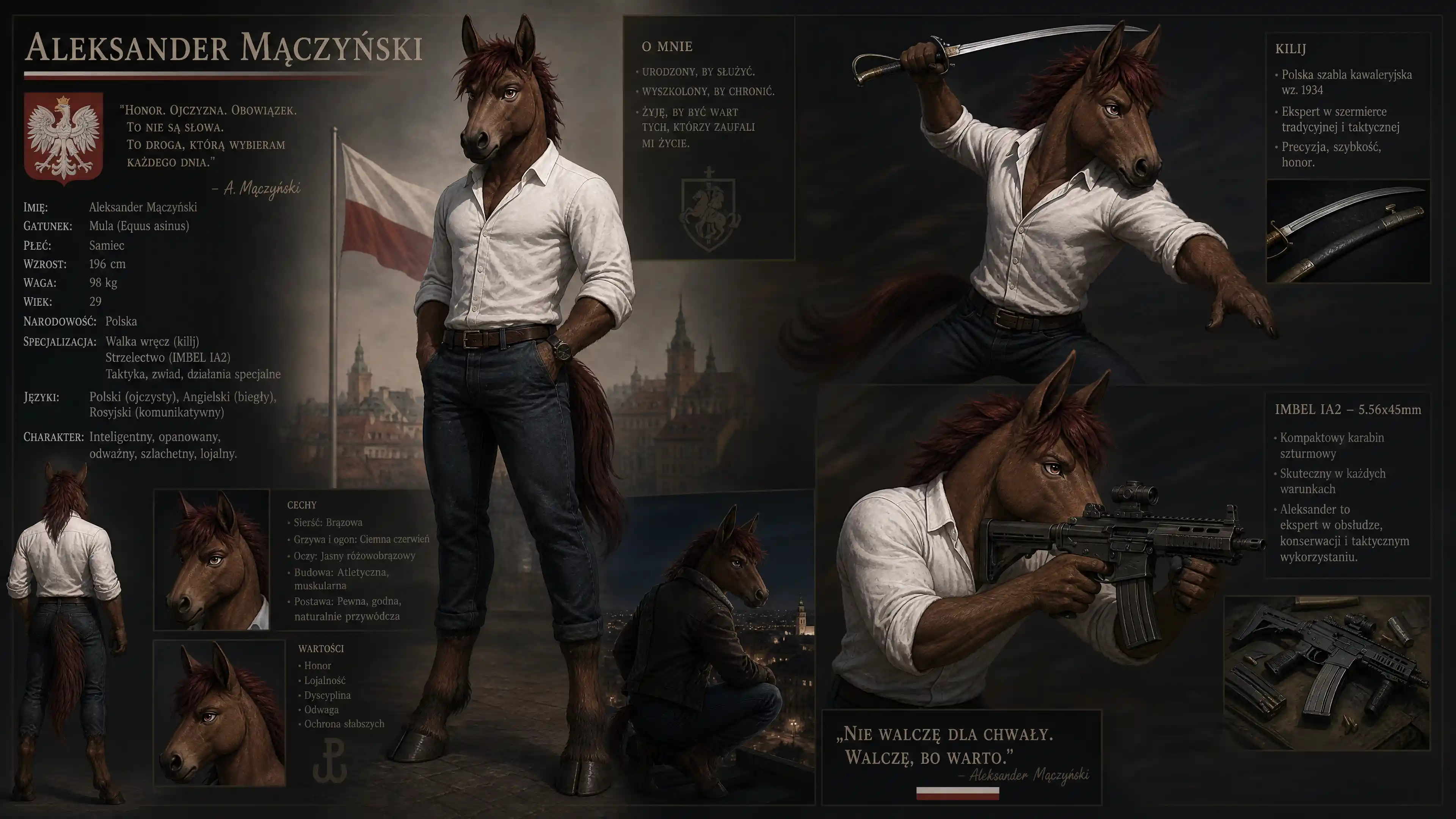 Anthro mule warrior with kilij and compact assault rifle