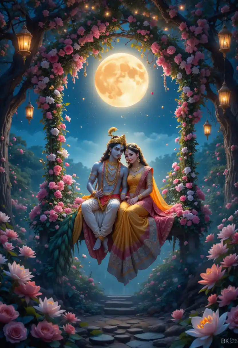 Radha Krishna on a flower swing under the full moon
