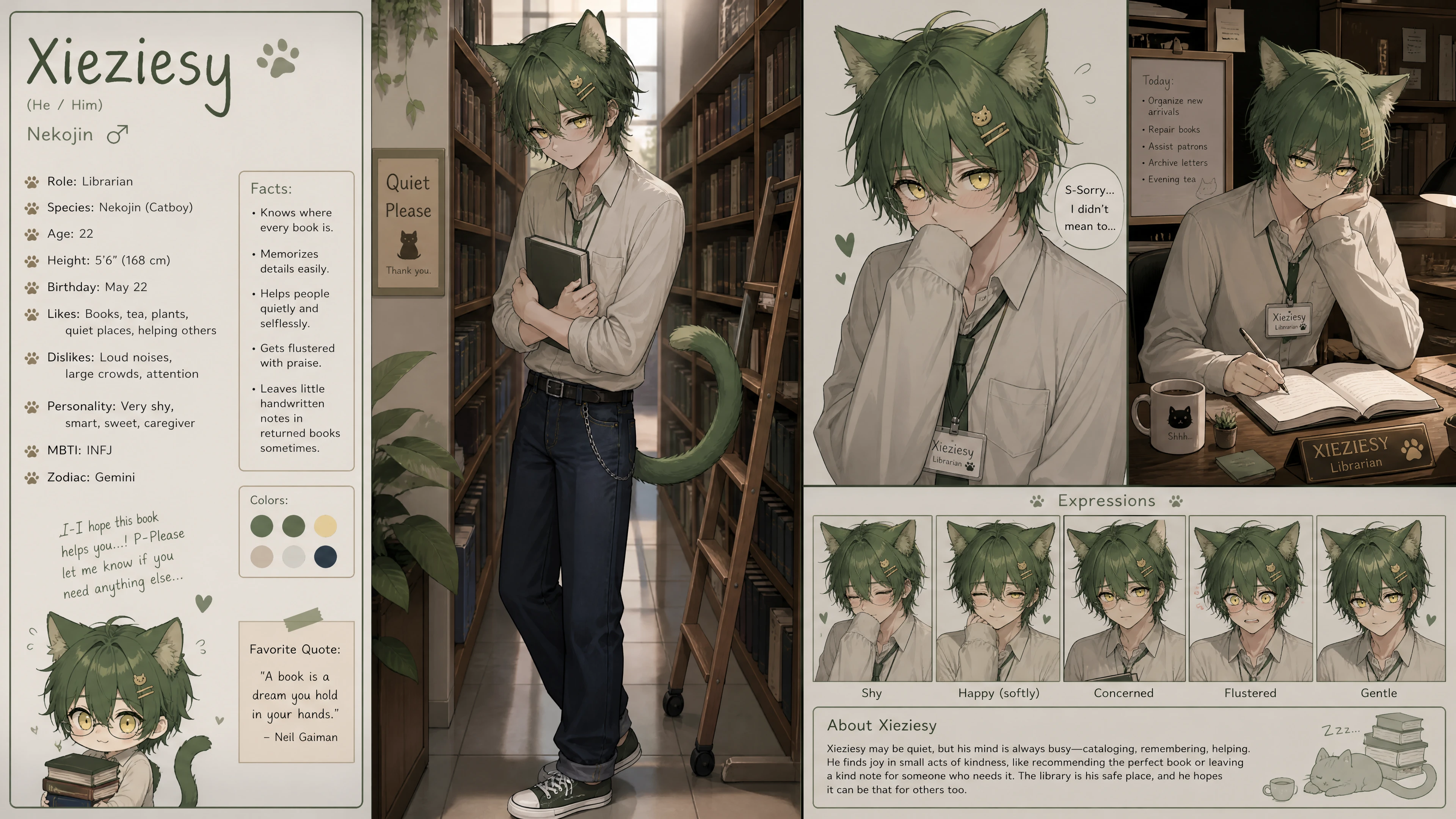 Shy green haired cat boy librarian in casual clothes