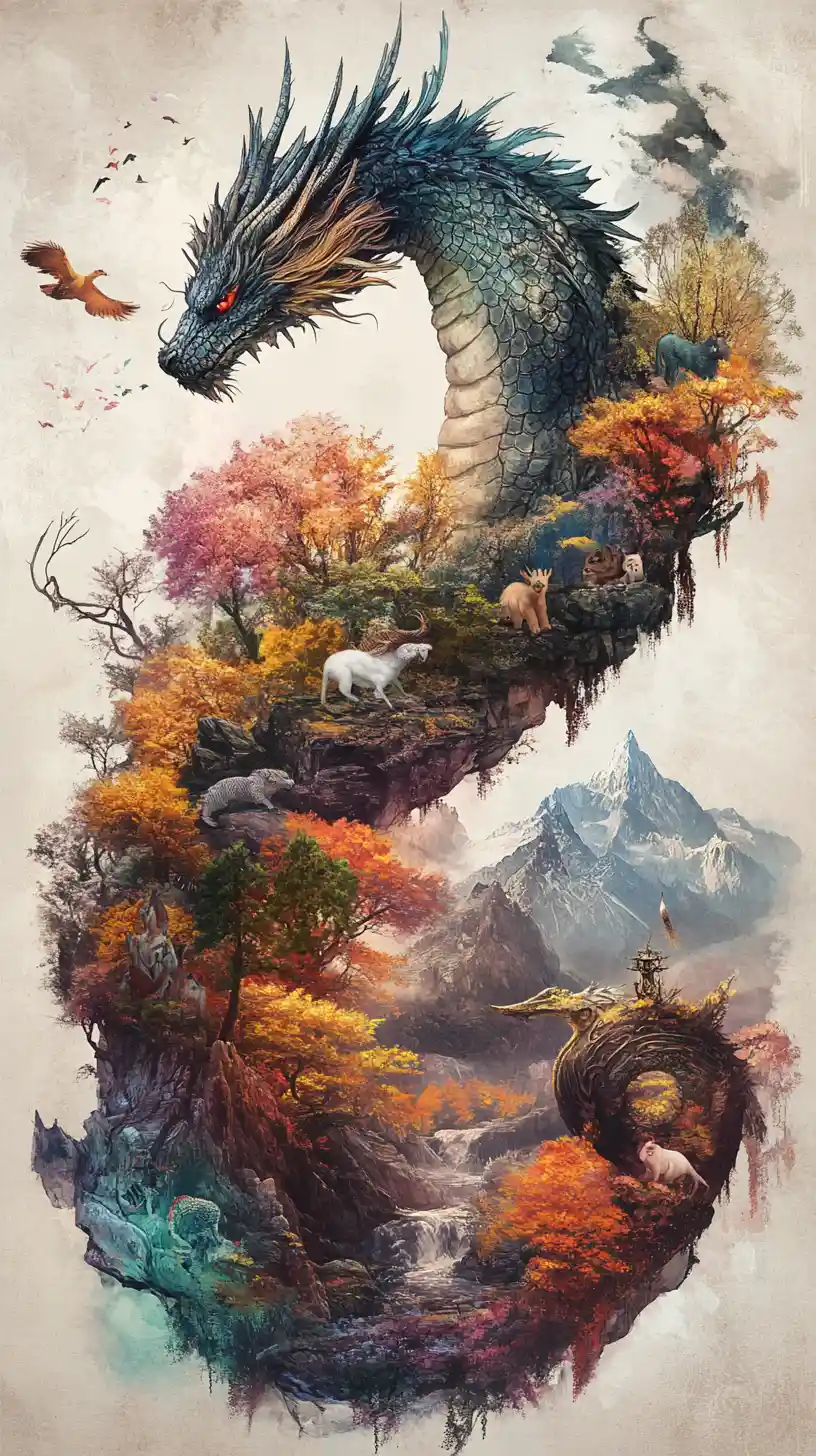 Seasonal dragon formed from spring summer autumn and winter
