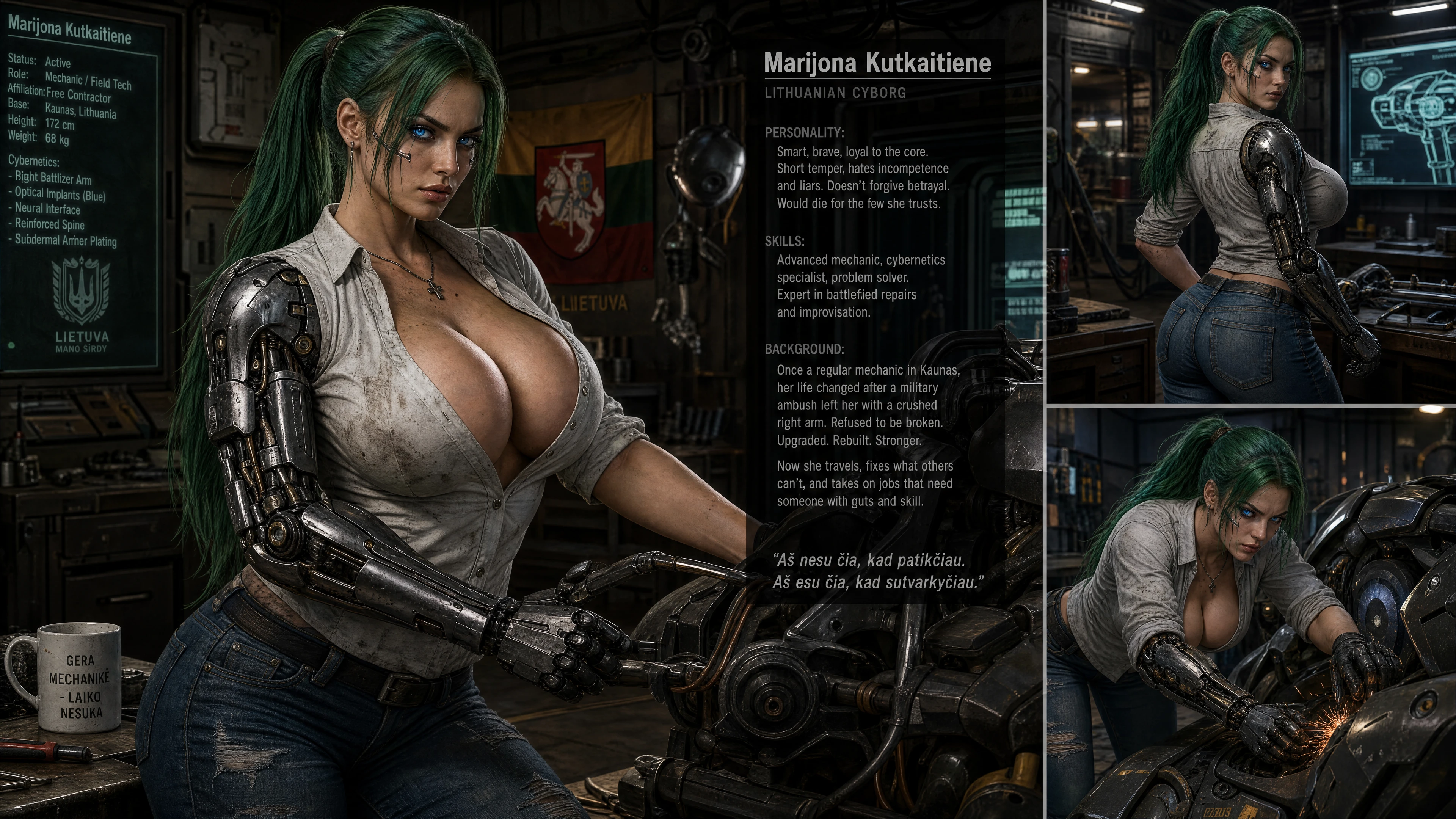 Cyborg mechanic woman with green ponytail and cyber arm