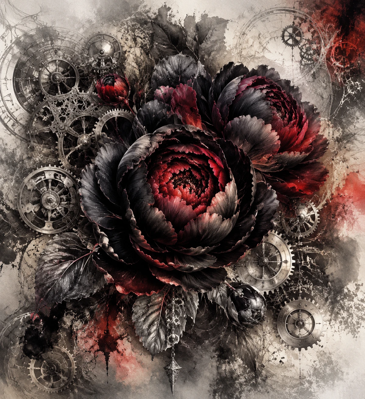 Centered black and red steampunk peonies with metal gears