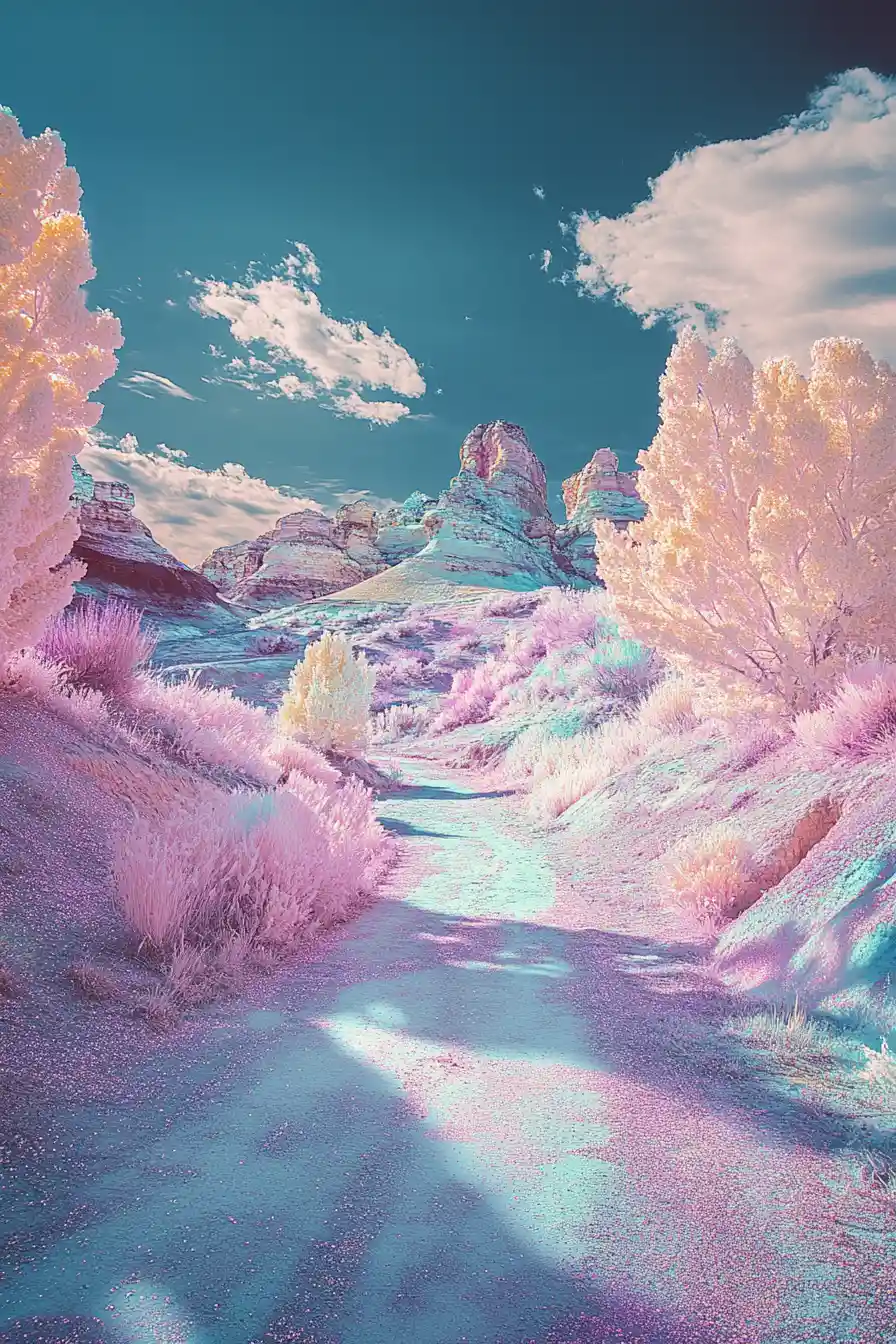 Surreal cheerful landscape with soft pastel metallic tones