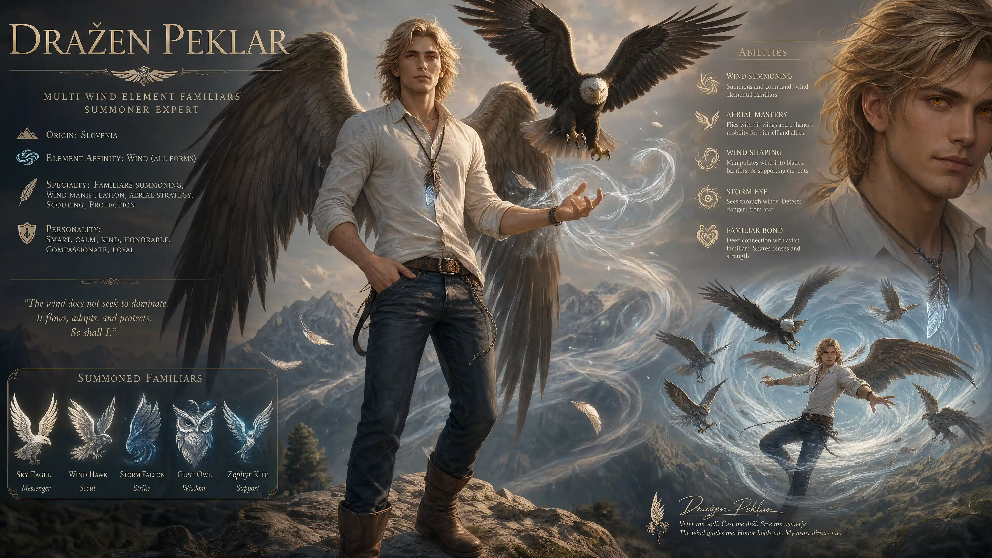 Blond winged summoner with eagle feather pendant