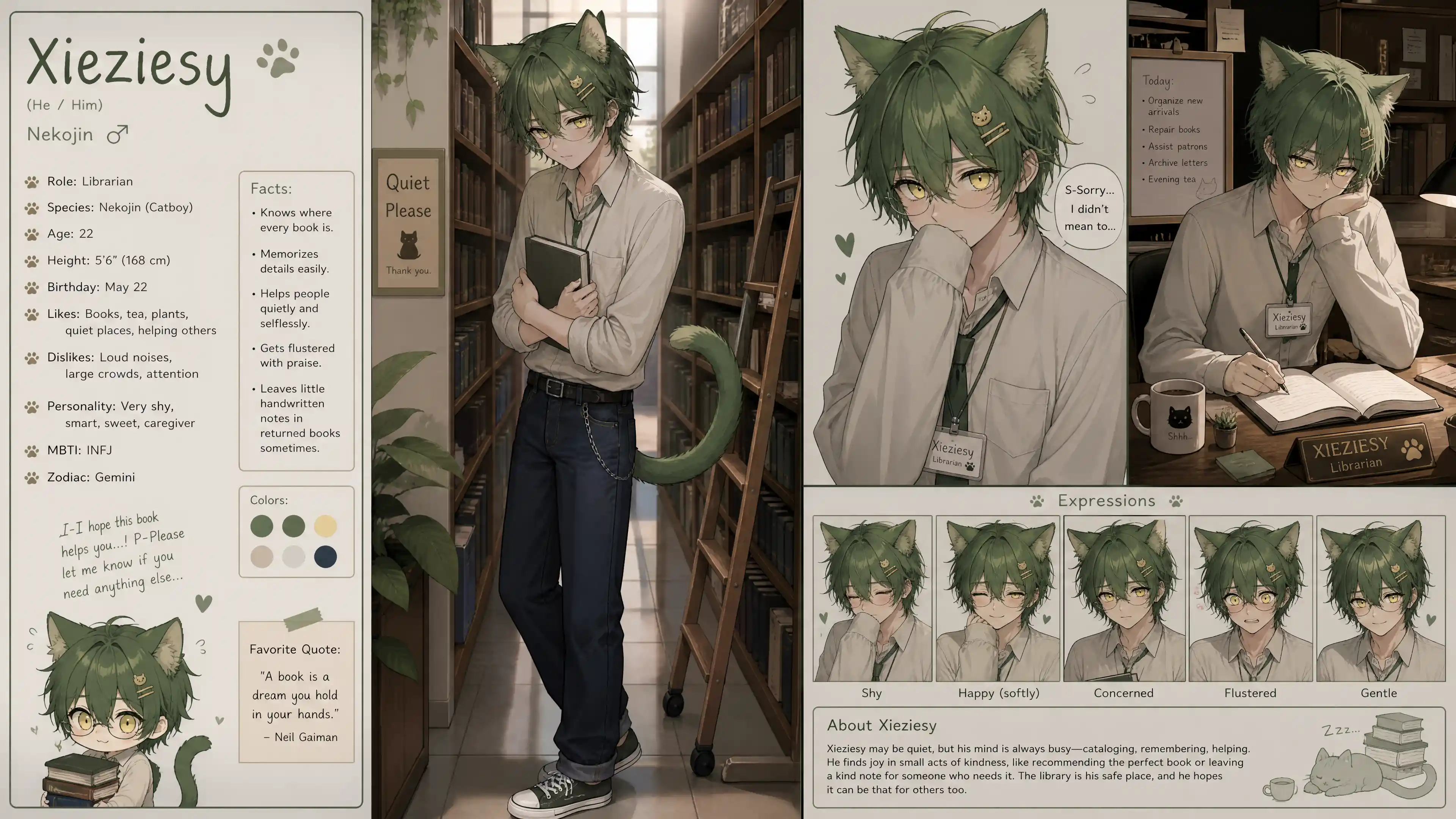 Shy green haired cat boy librarian in casual clothes