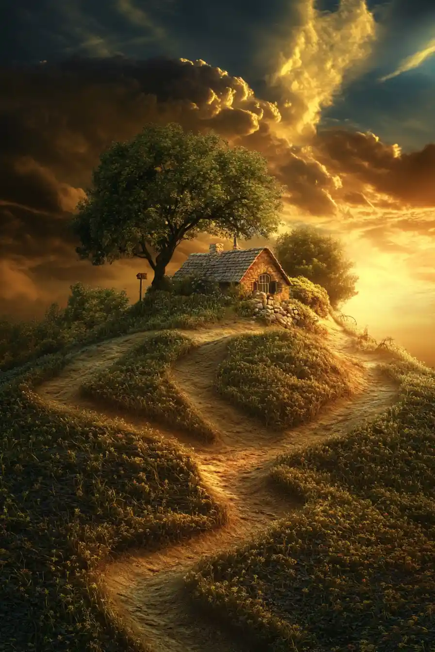Bright surreal landscape with whimsical artistic atmosphere