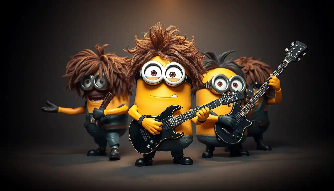 Band rock cartoon di mostri tipo minion con strumenti musicali