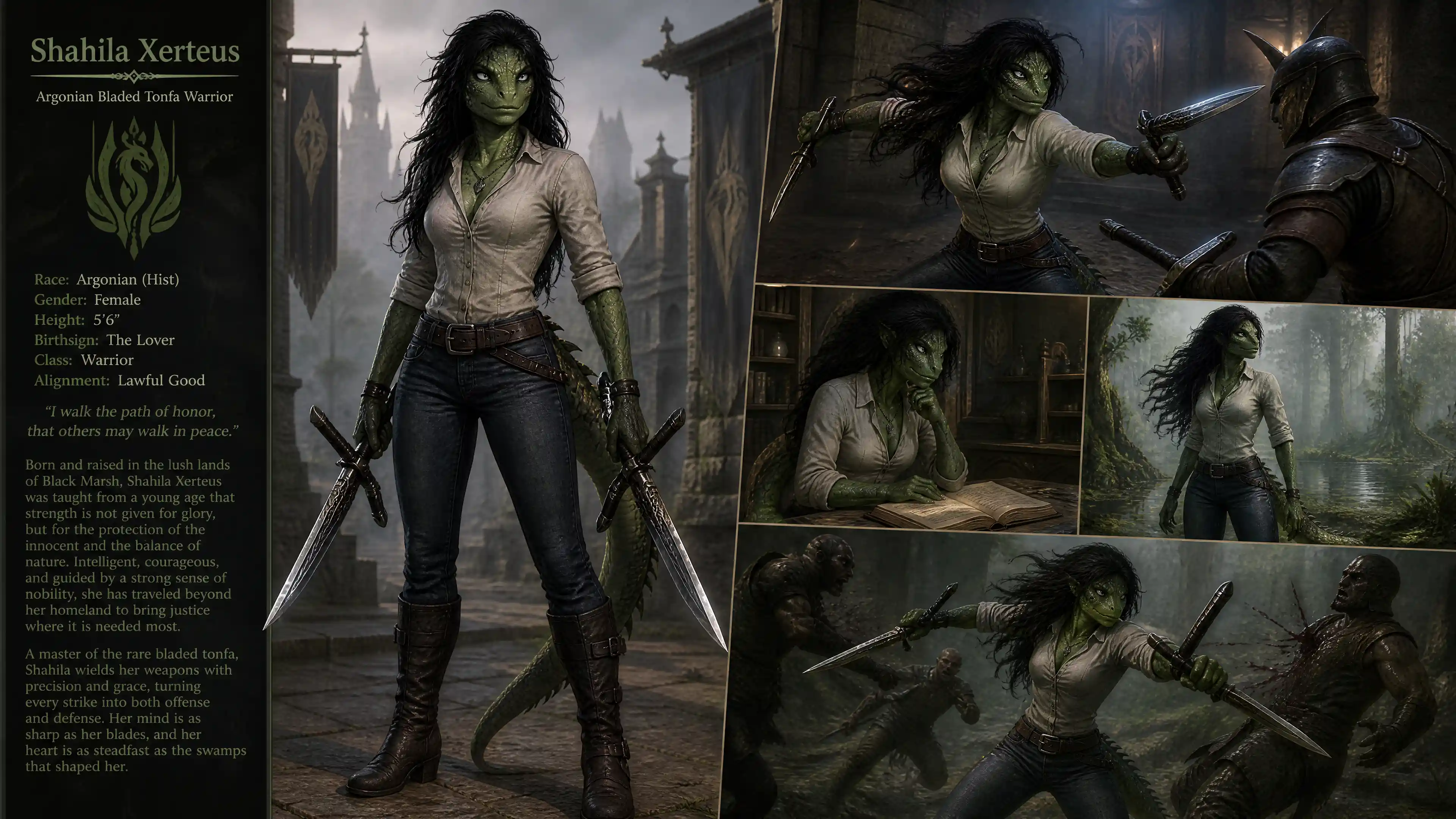 Green scaled fantasy woman with blades in casual clothes