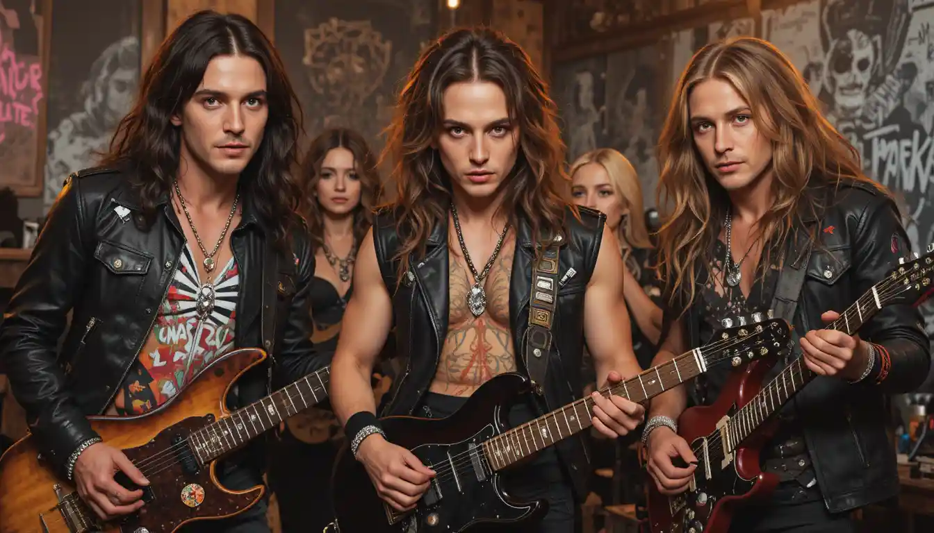 Cute rock band characters with electric guitars on stage
