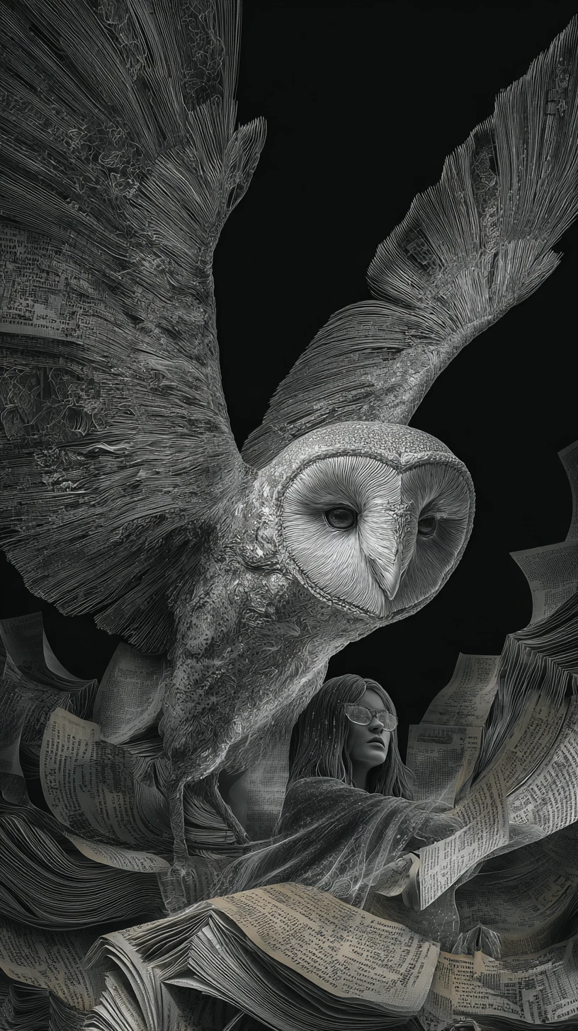 Surreal owl of pages hovering above a lone watcher