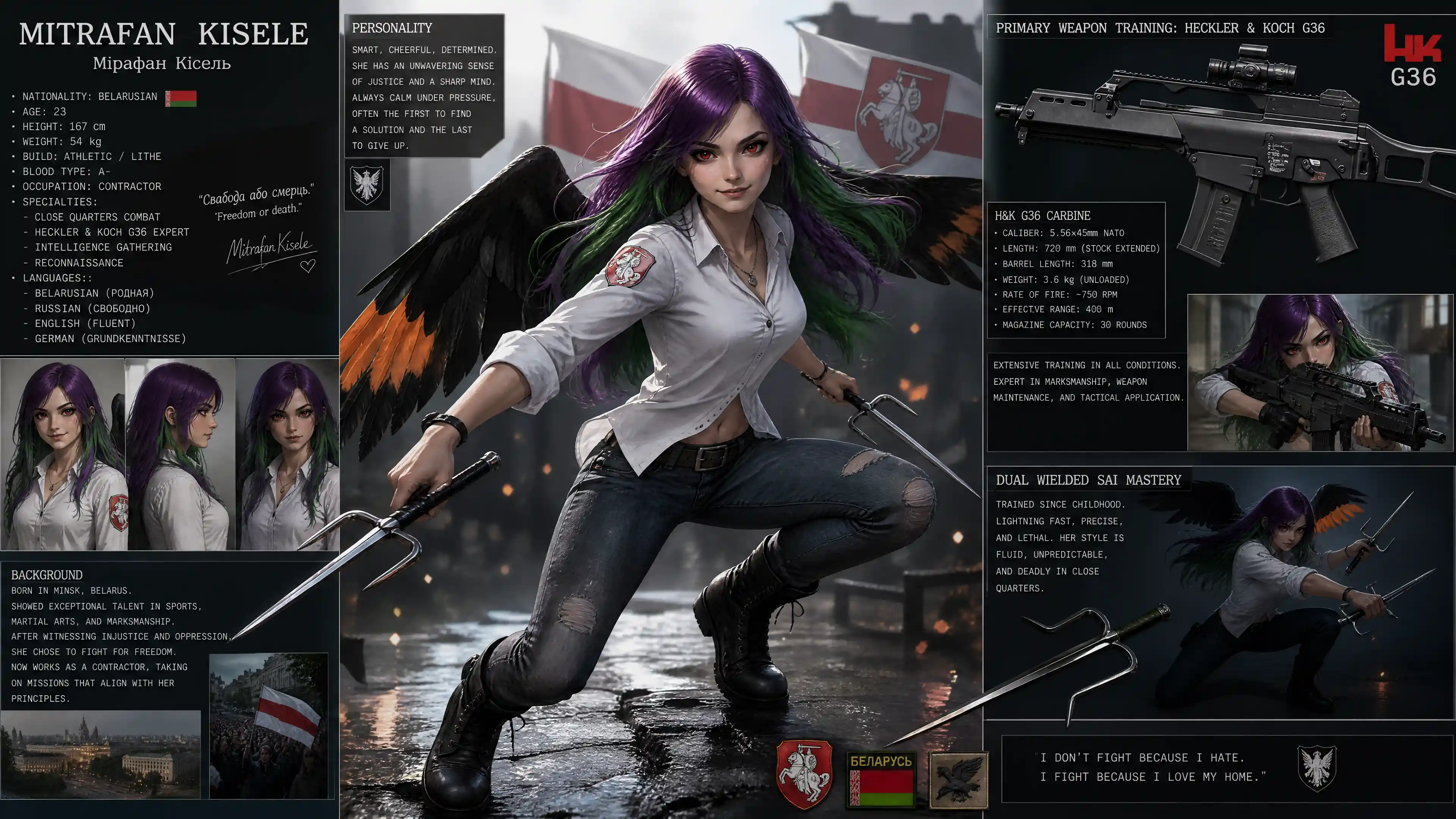 Belarusian winged warrior woman with rifle and twin sai