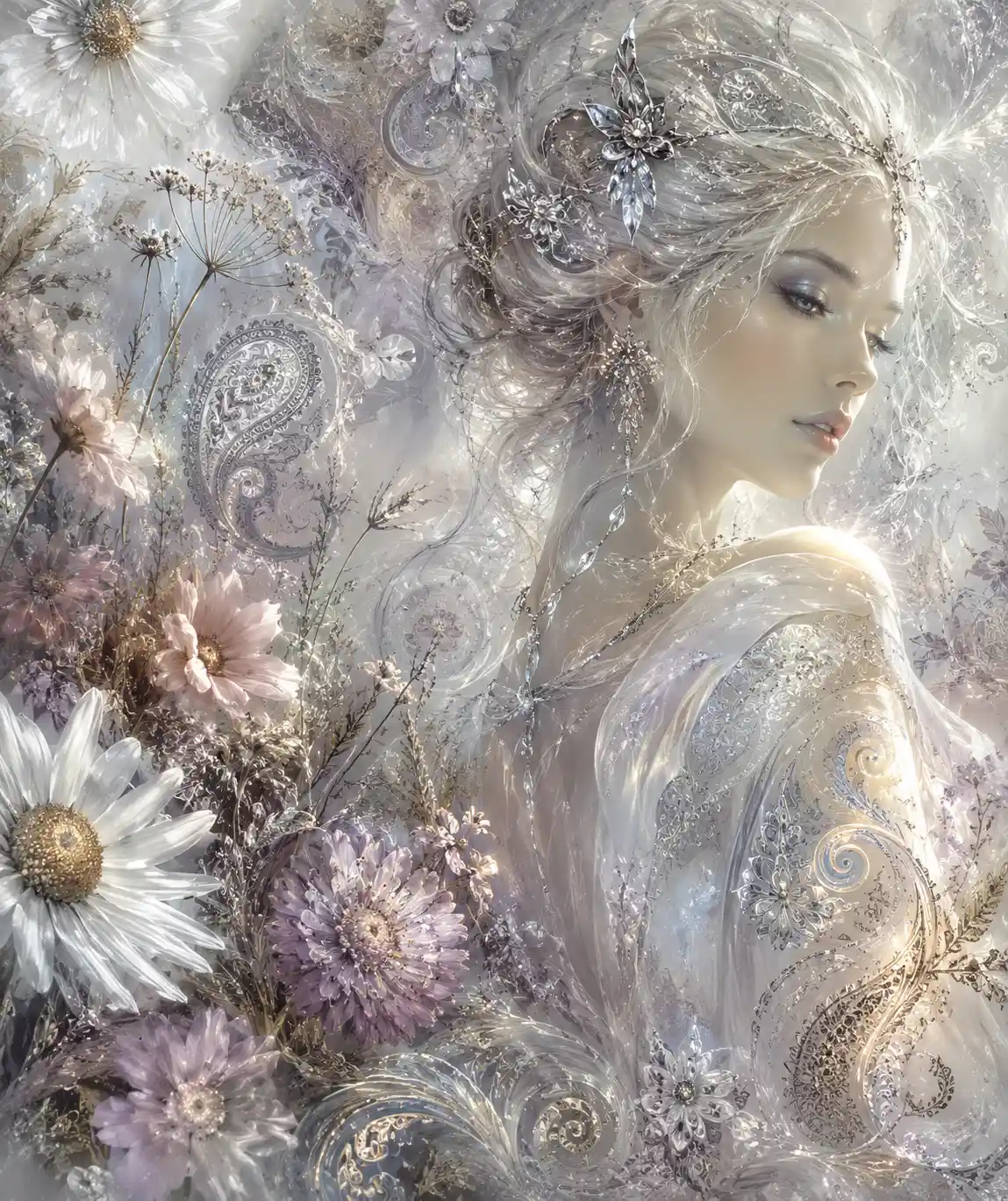 Fantasy woman amid glowing floral meadow moodboard collage
