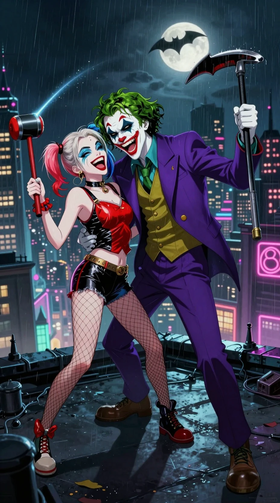 Villain couple laughing together on rainy Gotham rooftop
