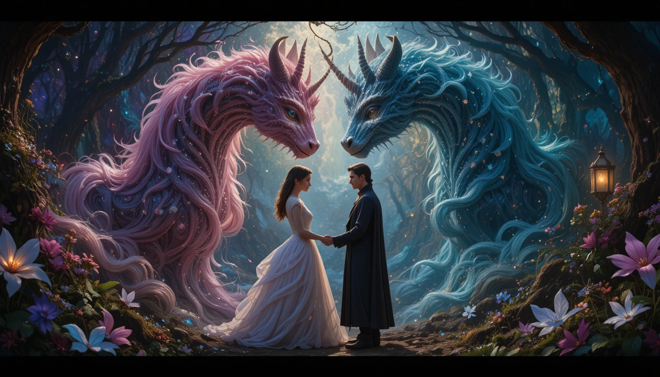 Magical unicorn couple guarding a peaceful fantasy realm