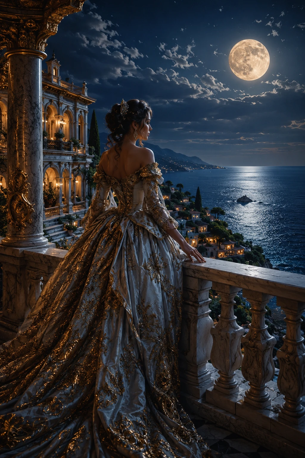 Elegant woman on balcony overlooking moonlit ocean