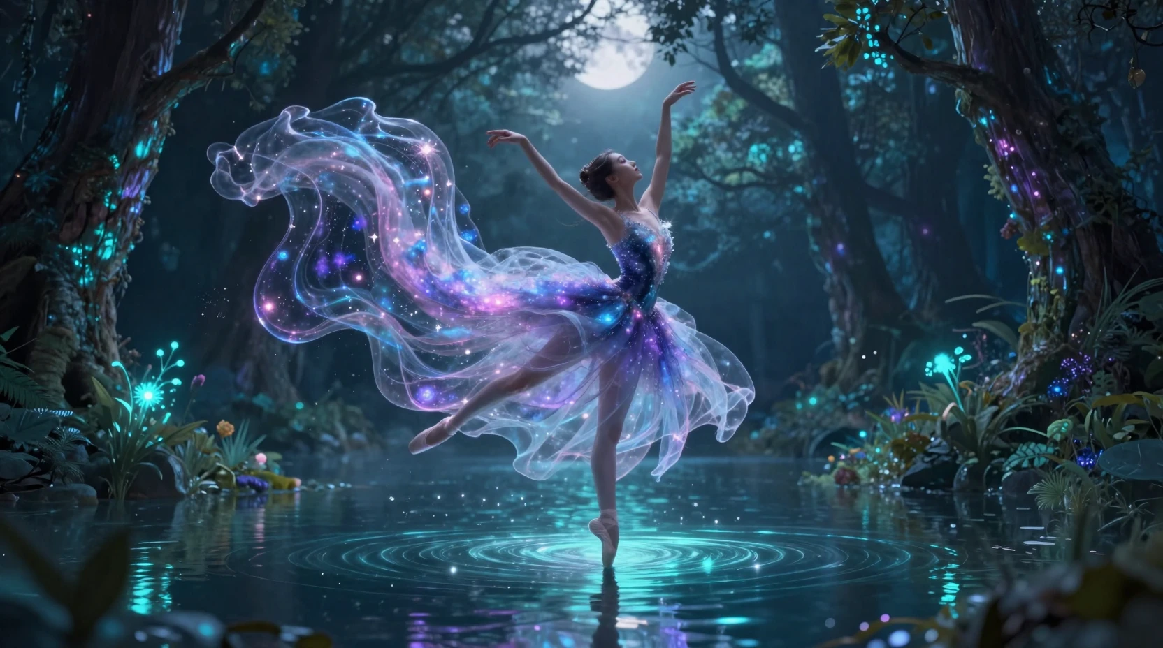 Ethereal ballerina dancing on a moonlit forest lake