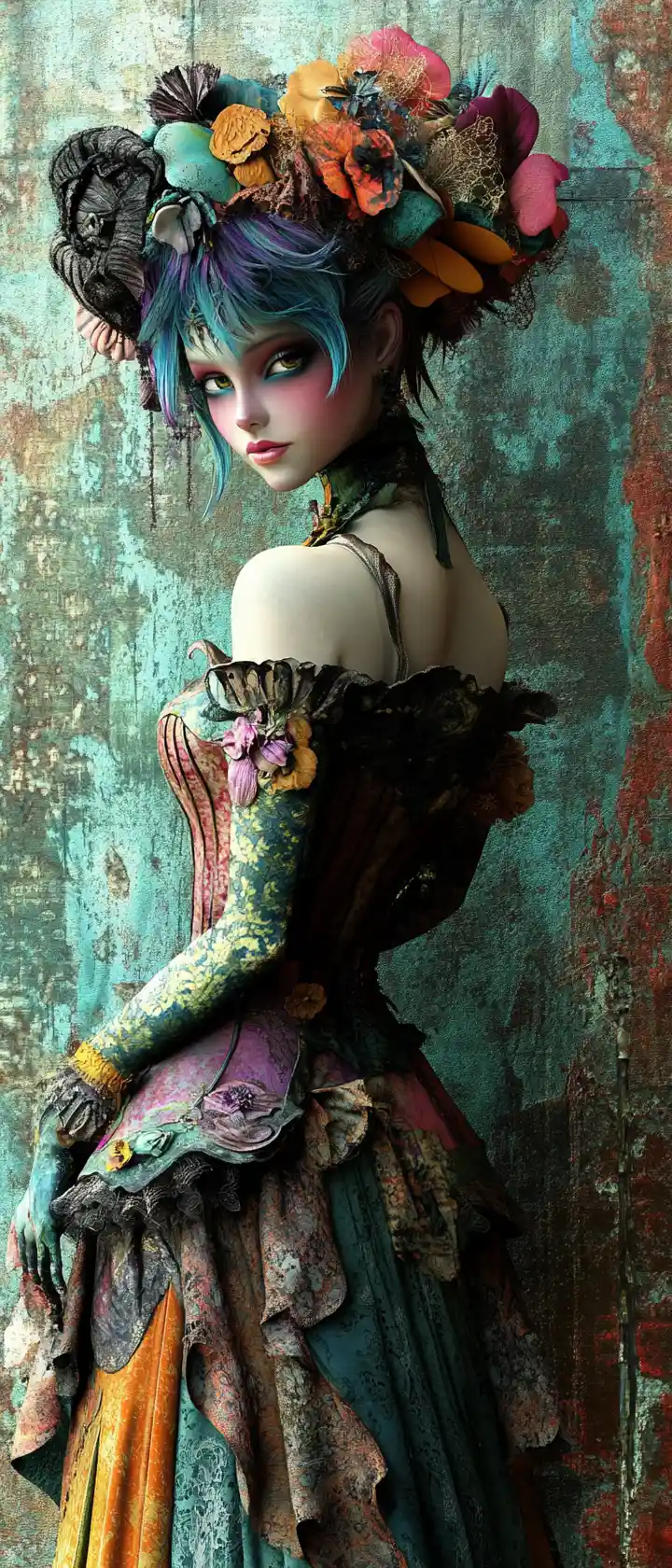 Baroque fantasy woman dancing in pastel metallic wonderland
