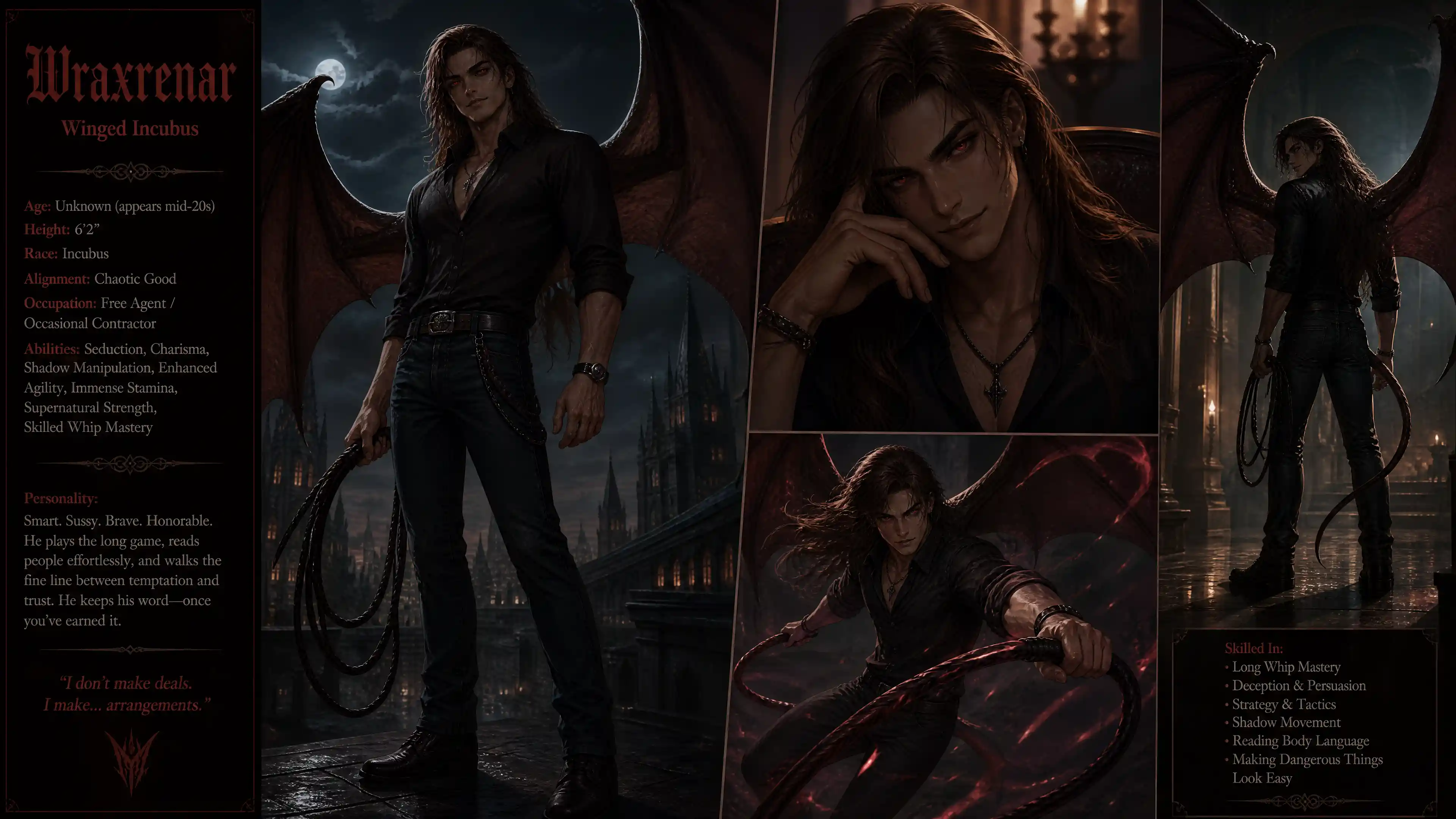 Winged incubus man with whip in casual modern clothing
